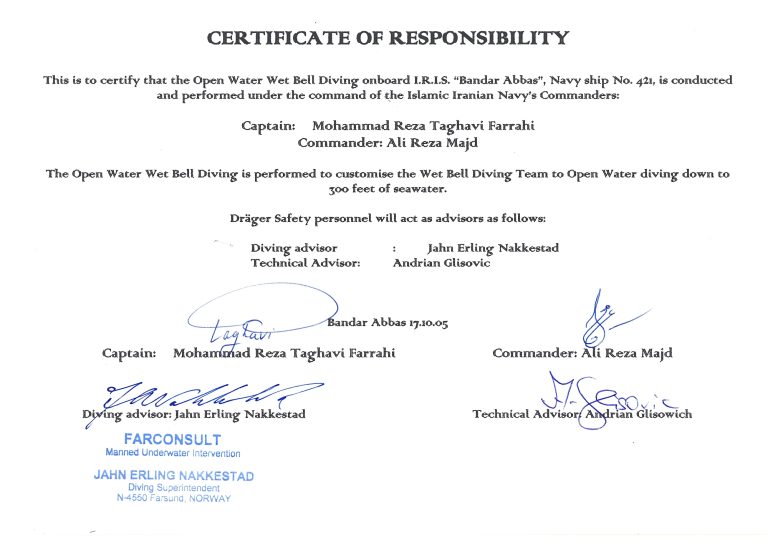 Certificate of Responsibility – Wet Bell Diving Operation