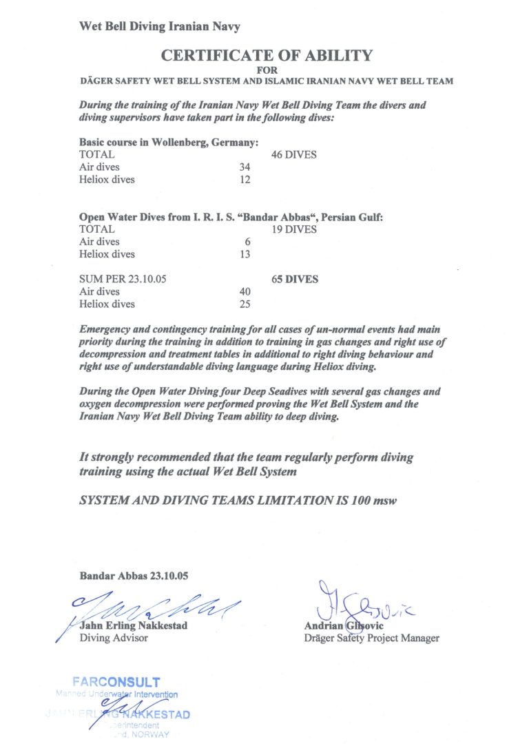 Certificate of Ability – Wet Bell Diving Training (Iranian Navy & Dräger Safety)