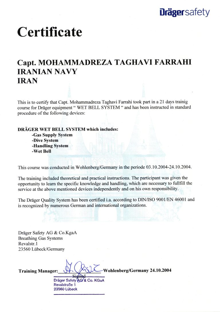 Certificate – Dräger Wet Bell System Training